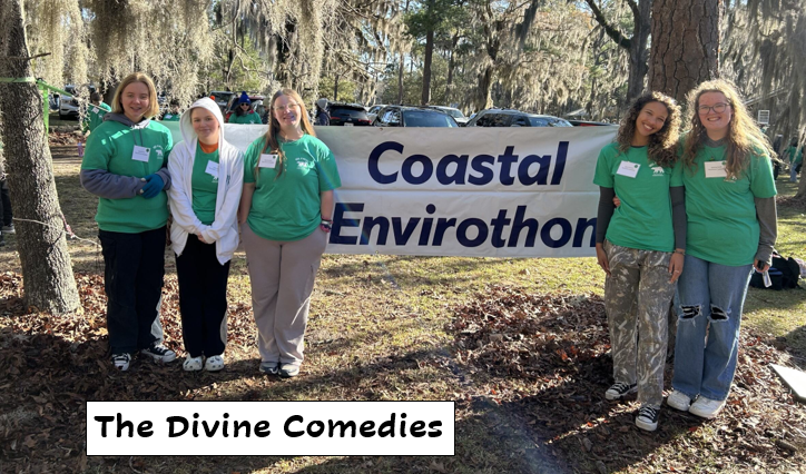 Five students standing in front of a Coastal Envirothon banner
